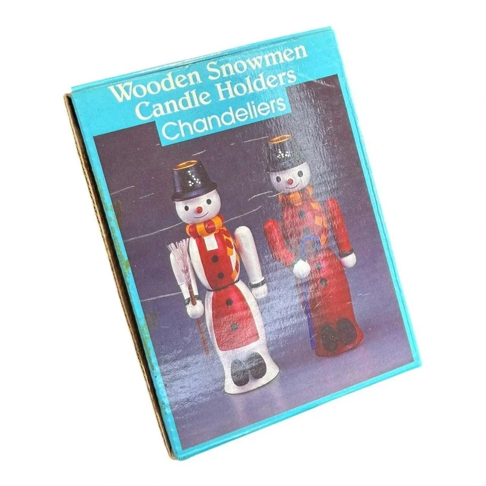 Vintage Wooden Snowmen Candle Holders w Box Christmas Decor
